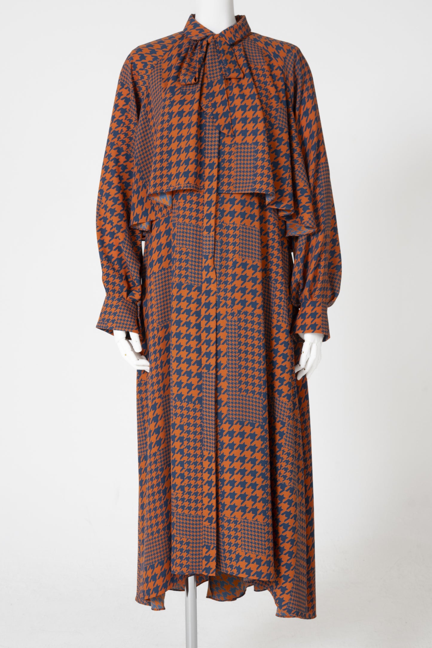 千鳥プリント長袖レイヤードフレアーワンピース