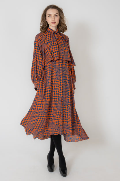 千鳥プリント長袖レイヤードフレアーワンピース